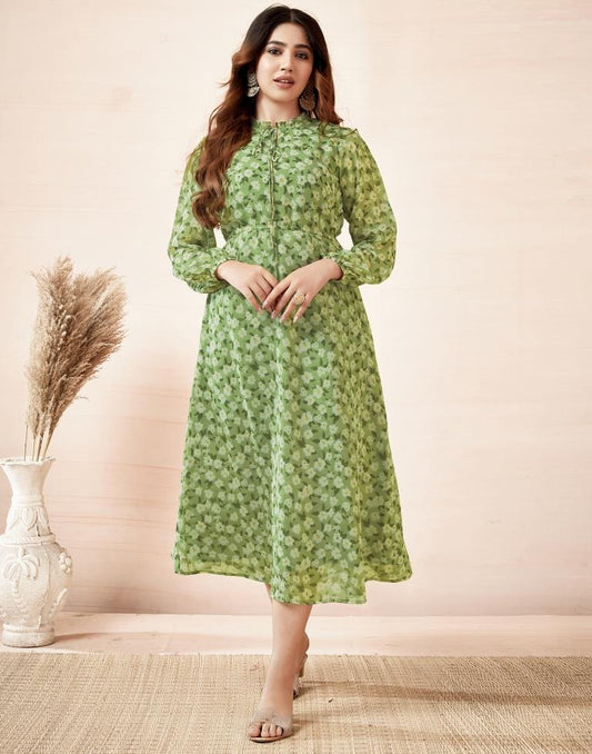 Pista Green Georgette Printed Dress