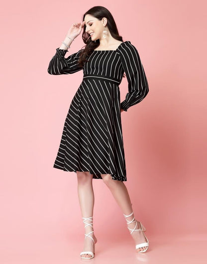 Black Polyester Printed Flared Dress