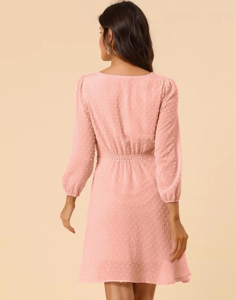 Peach Polyester Plain Flared Dress