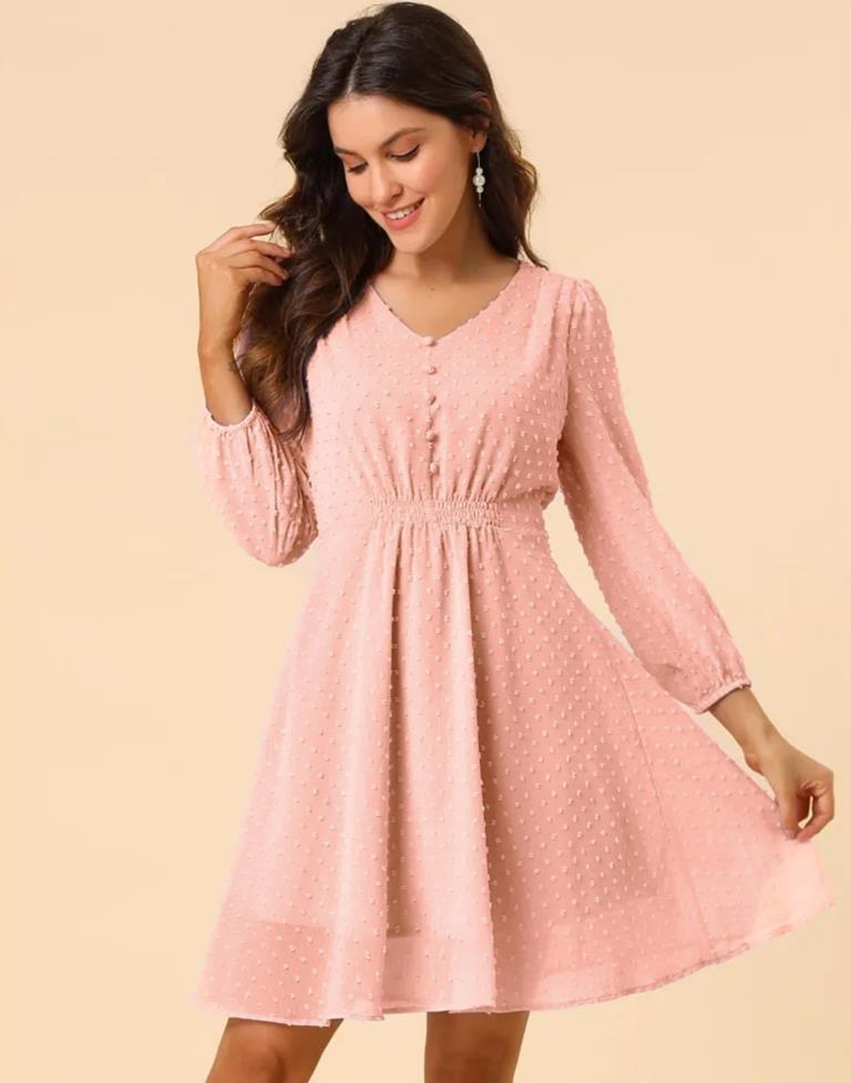 Peach Polyester Plain Flared Dress