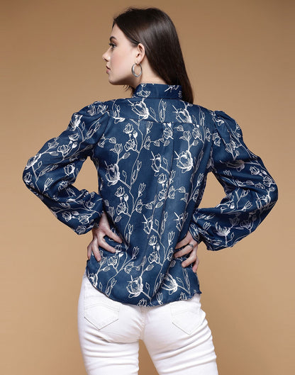 Blue Printed Satin Shirt