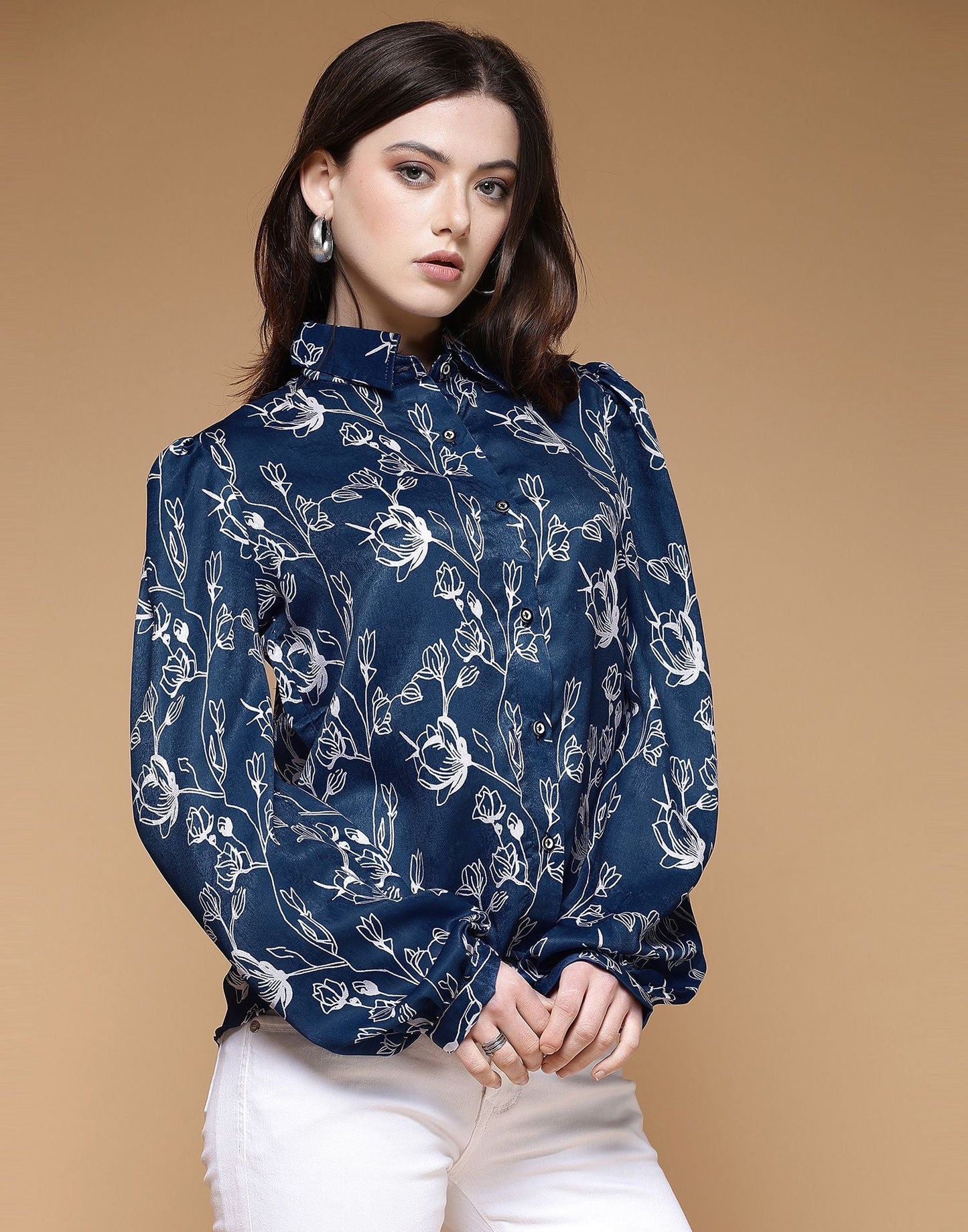 Blue Printed Satin Shirt