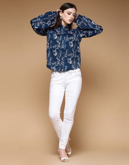 Blue Printed Satin Shirt
