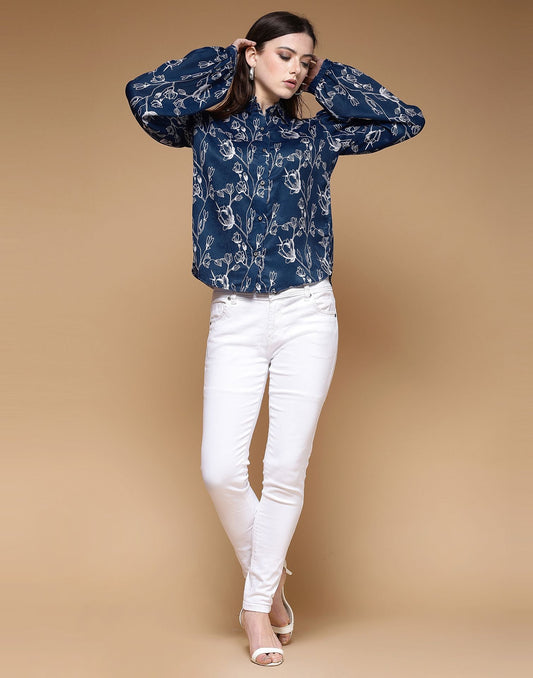 Blue Printed Satin Shirt