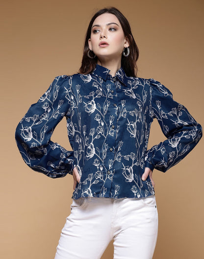 Blue Printed Satin Shirt