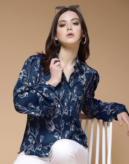 Blue Printed Satin Shirt