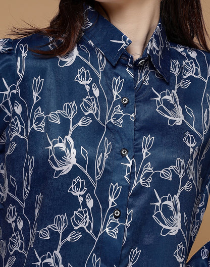 Blue Printed Satin Shirt