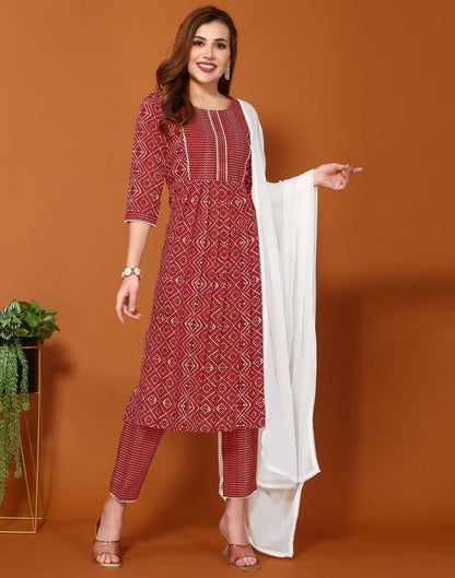 Red Printed Straight Kurta Kurti With Pant And Dupatta | Sudathi