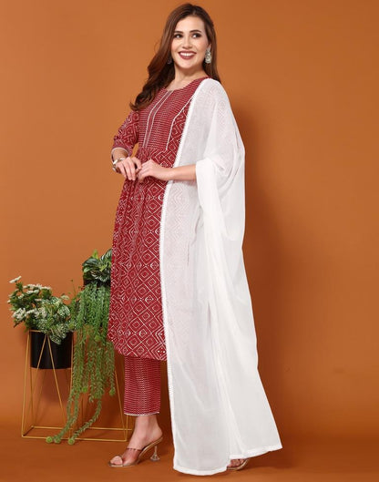 Red Printed Straight Kurta Kurti With Pant And Dupatta | Sudathi