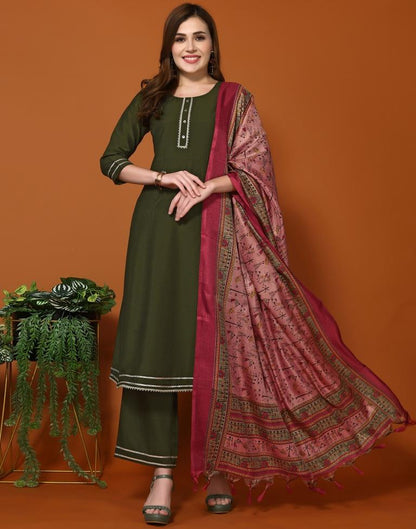 Mehndi Green Silk Plain A-Line Kurta Kurti With Pant And Dupatta | Leemboodi