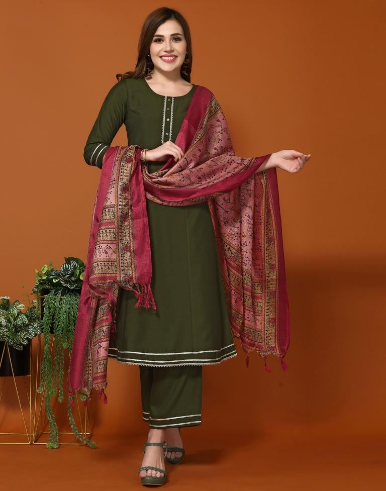 Mehndi Green Silk Plain A-Line Kurta Kurti With Pant And Dupatta | Leemboodi