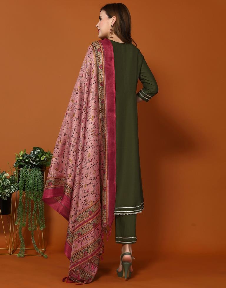 Mehndi Green Silk Plain A-Line Kurta Kurti With Pant And Dupatta | Leemboodi