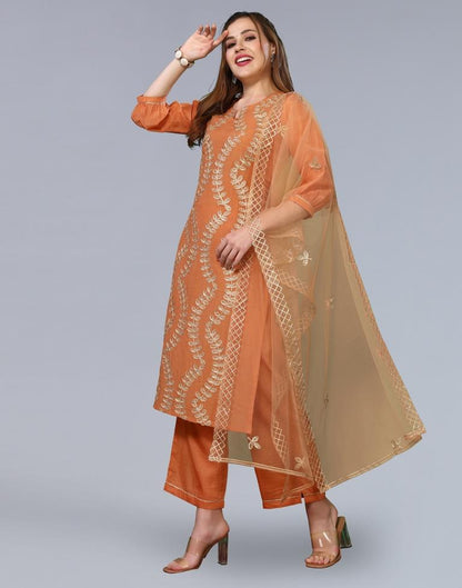 Orange Embroidery Chinnon Straight Kurta With Pant And Dupatta