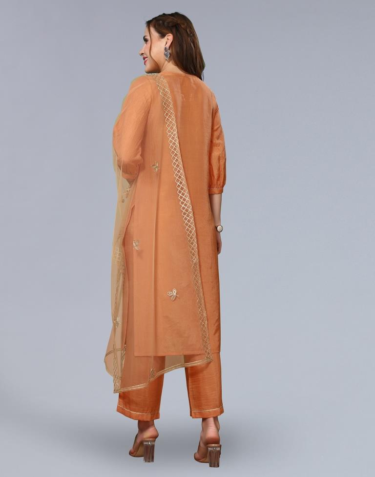 Orange Embroidery Chinnon Straight Kurta With Pant And Dupatta