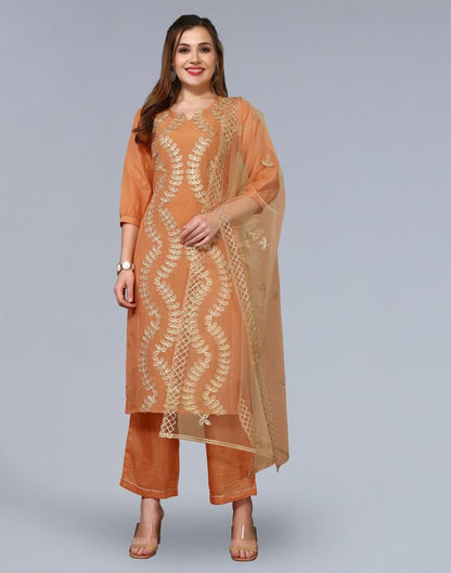 Orange Embroidery Chinnon Straight Kurta With Pant And Dupatta