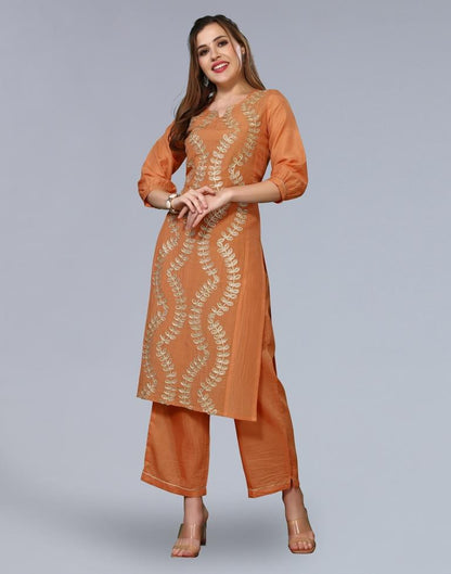 Orange Embroidery Chinnon Straight Kurta With Pant And Dupatta