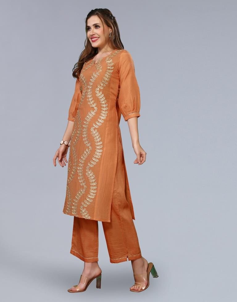 Orange Embroidery Chinnon Straight Kurta With Pant And Dupatta
