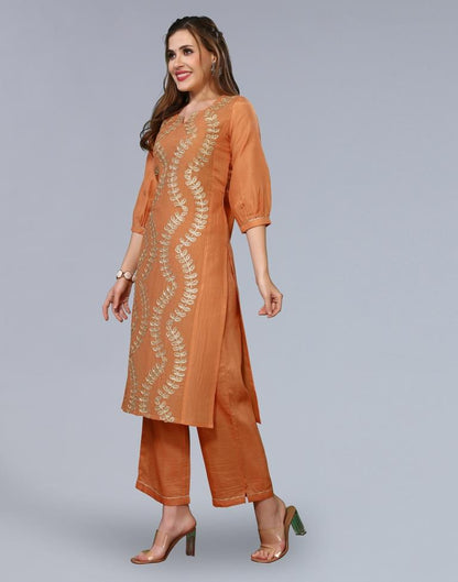 Orange Embroidery Chinnon Straight Kurta With Pant And Dupatta