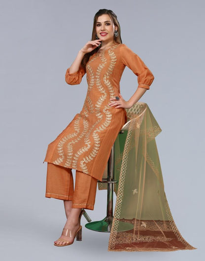 Orange Embroidery Chinnon Straight Kurta With Pant And Dupatta