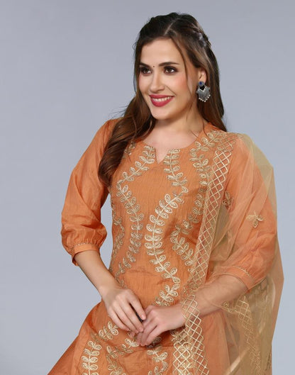 Orange Embroidery Chinnon Straight Kurta With Pant And Dupatta