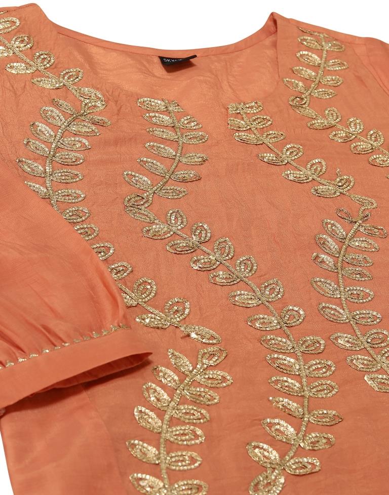 Orange Embroidery Chinnon Straight Kurta With Pant And Dupatta