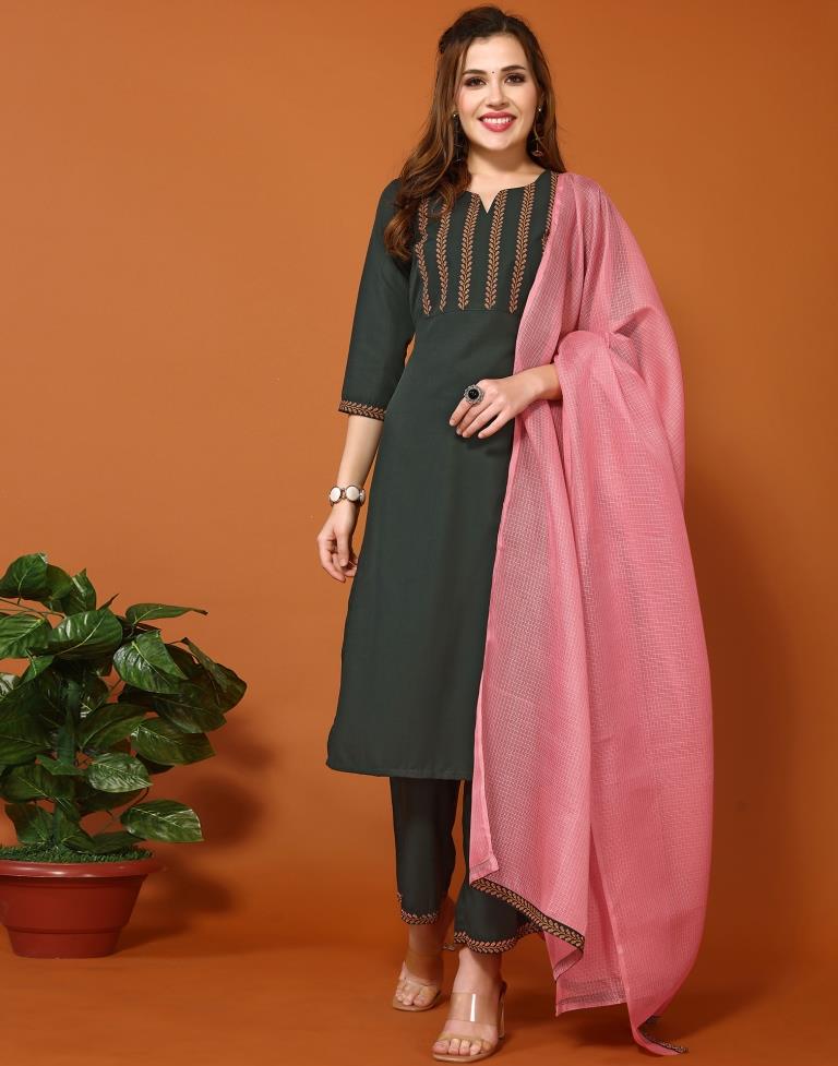 Bottle Green Chinnon Printed Straight Kurta Kurti With Pant And Dupatta | Sudathi