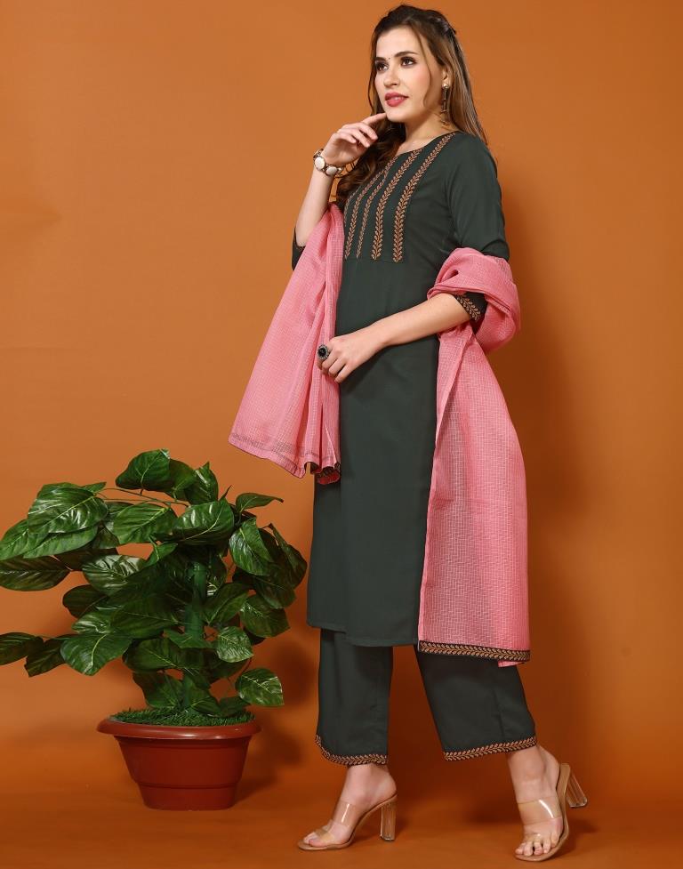 Bottle Green Chinnon Printed Straight Kurta Kurti With Pant And Dupatta | Sudathi