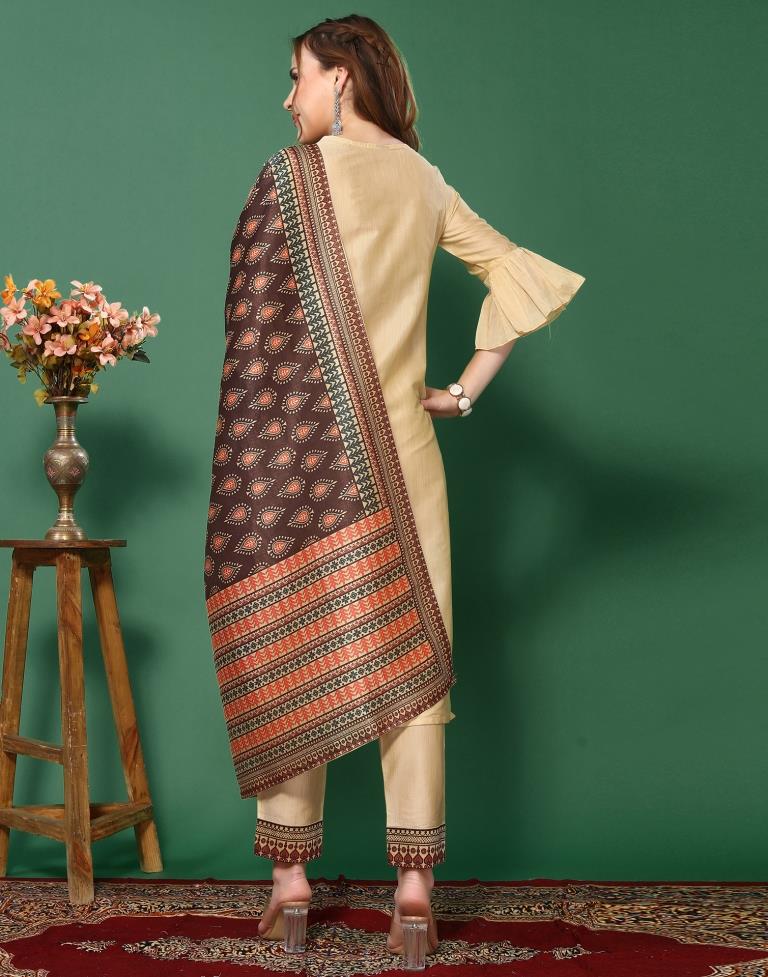 Cream Digital Printed Kurta With Pant And Dupatta