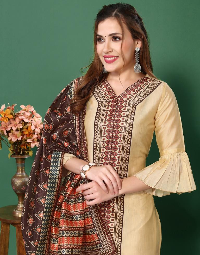 Cream Digital Printed Kurta With Pant And Dupatta