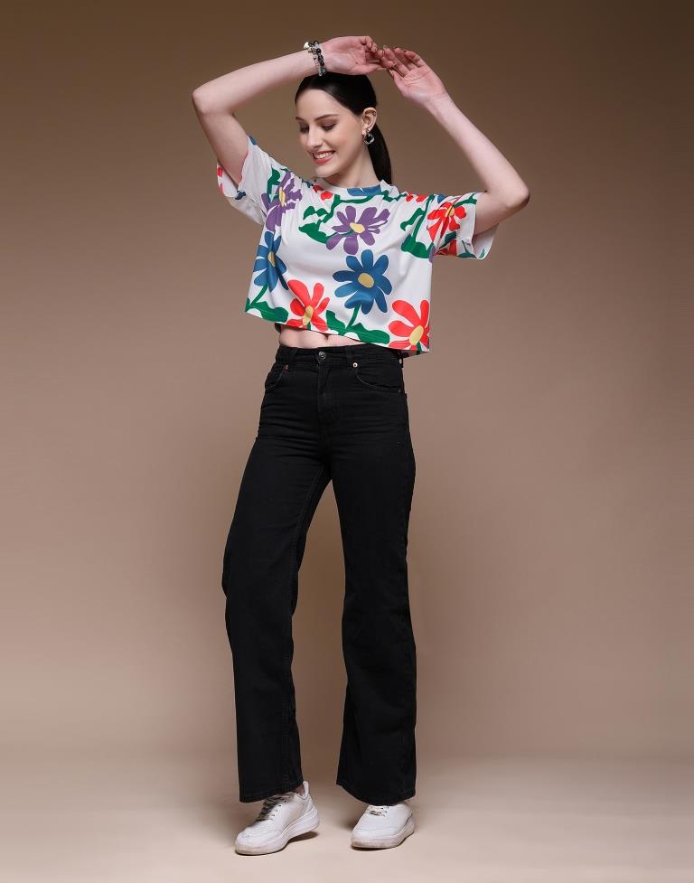 White Printed Lycra T-Shirt