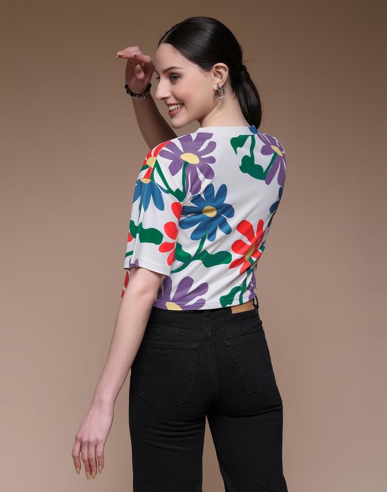 White Printed Lycra T-Shirt