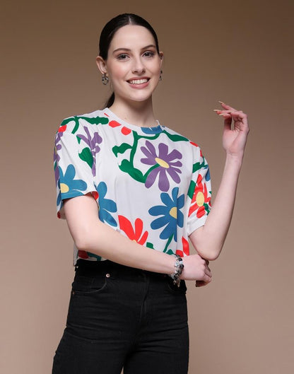 White Printed Lycra T-Shirt