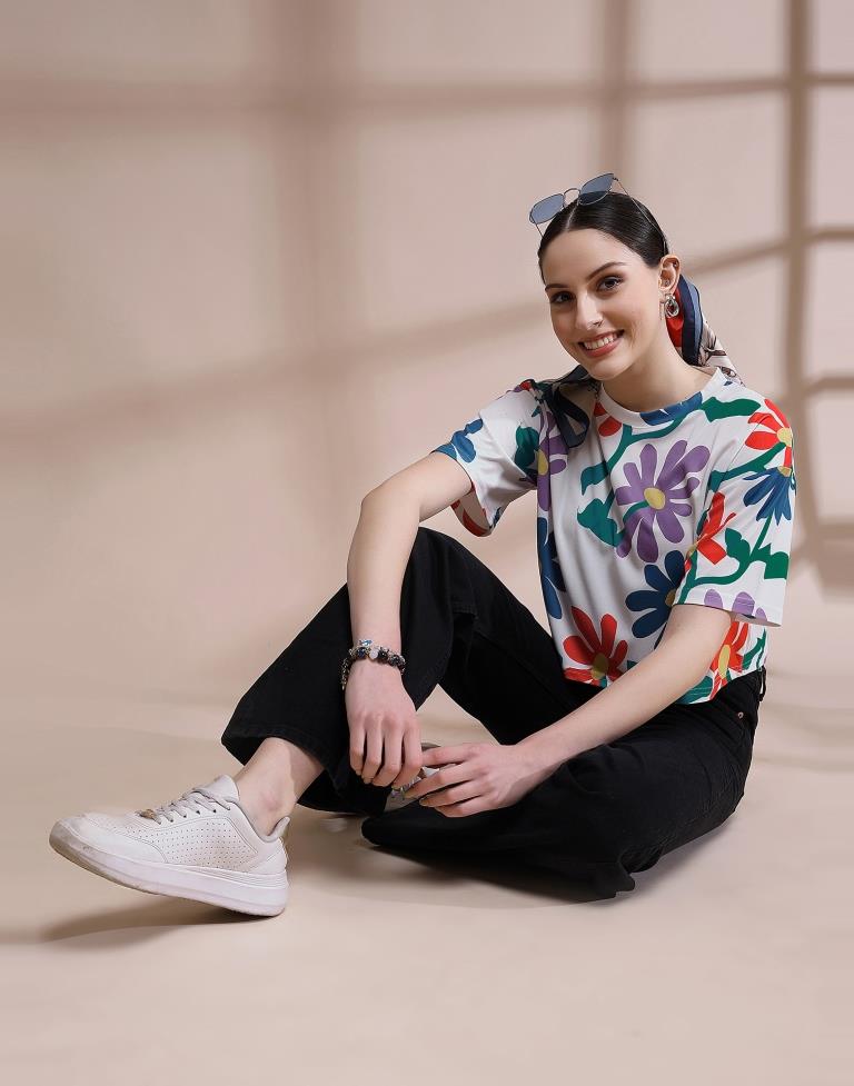 White Printed Lycra T-Shirt