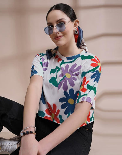 White Printed Lycra T-Shirt