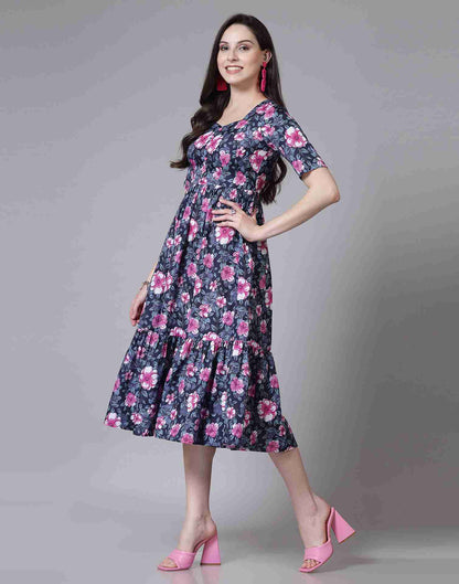 Blue Polyester Printed Dress