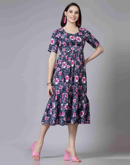 Blue Polyester Printed Dress