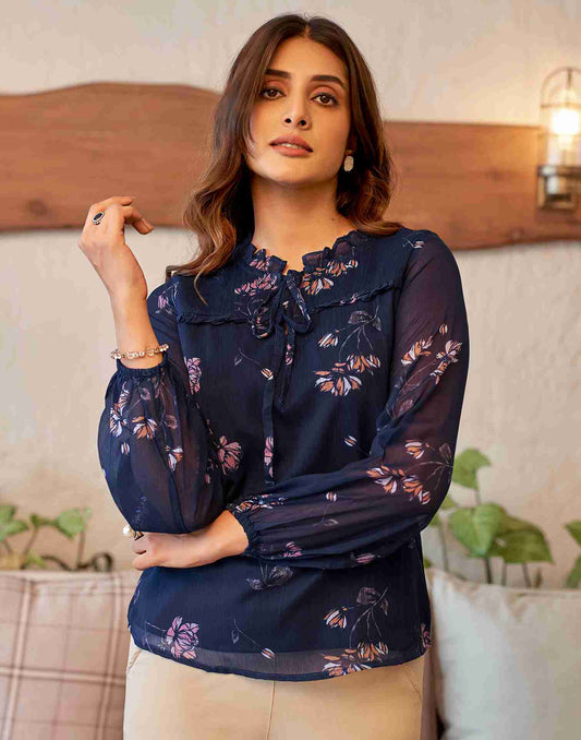 Blue Chiffon Printed Top
