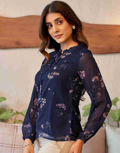 Blue Chiffon Printed Top