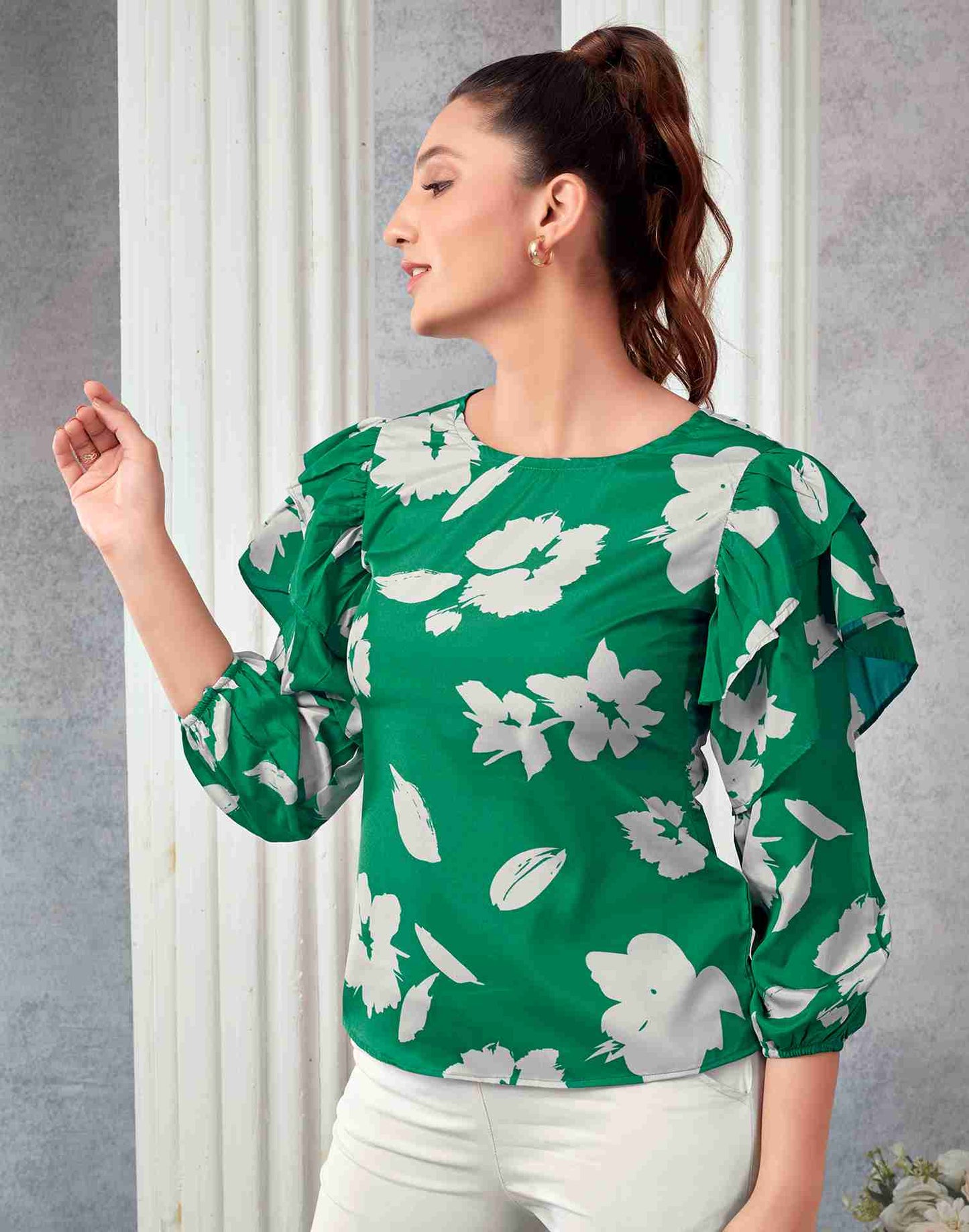 Green Polyester Printed Top