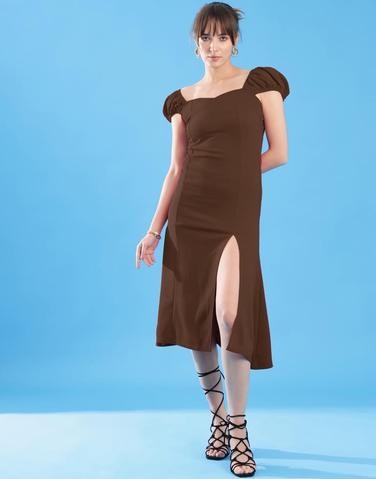 Brown Lycra Plain Dress