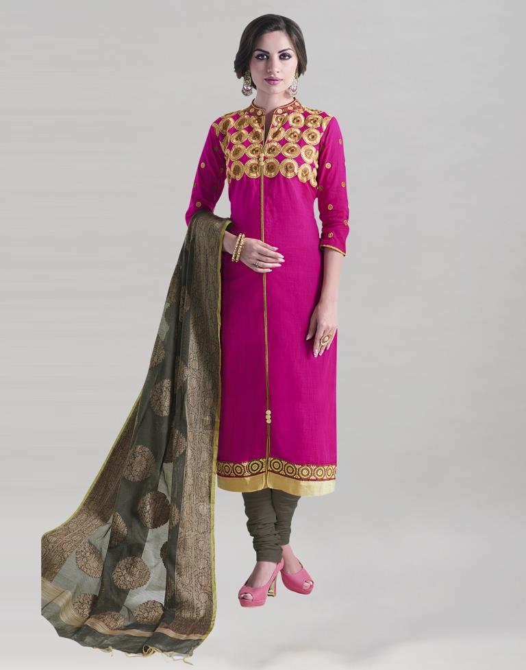 Pink Khadi Cotton Embroidered Unstitched Salwar Suit | Sudathi