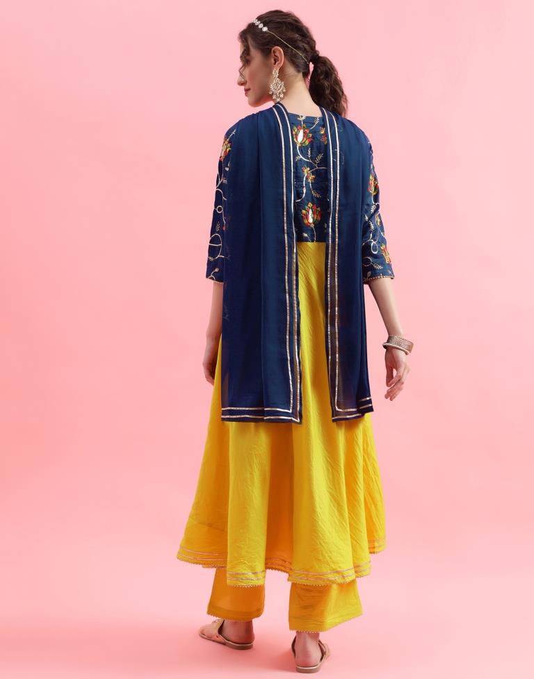 Blue Plain Chinnon Flared Kurta Set with Dupatta