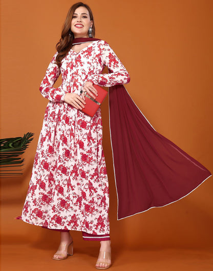 Off-White Printed Georgette A-Line Kurta Set With Dupatta