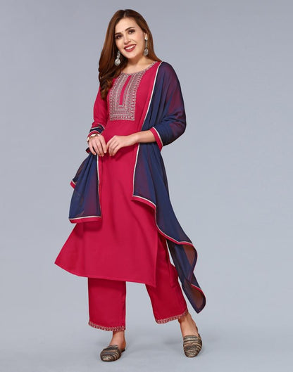 Pink Embroidery Chinnon Straight Kurta With Pant And Dupatta