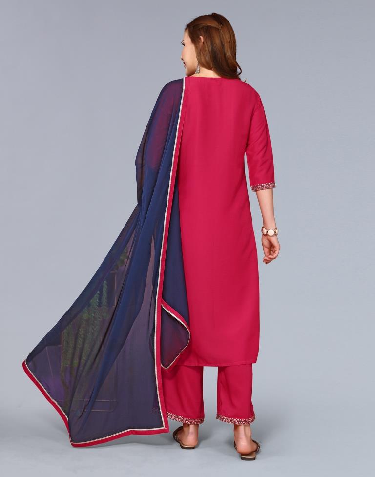 Pink Embroidery Chinnon Straight Kurta With Pant And Dupatta