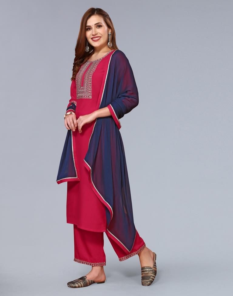 Pink Embroidery Chinnon Straight Kurta With Pant And Dupatta