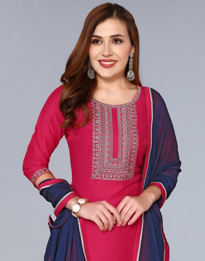 Pink Embroidery Chinnon Straight Kurta With Pant And Dupatta