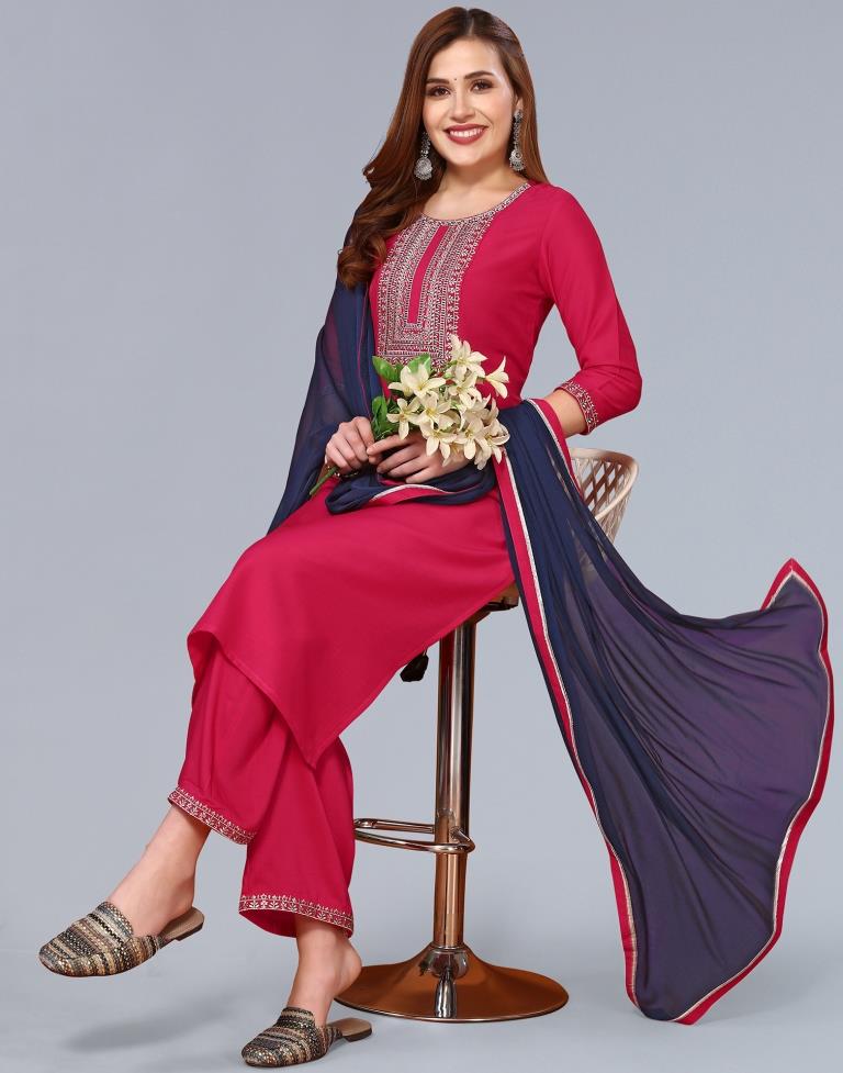 Pink Embroidery Chinnon Straight Kurta With Pant And Dupatta