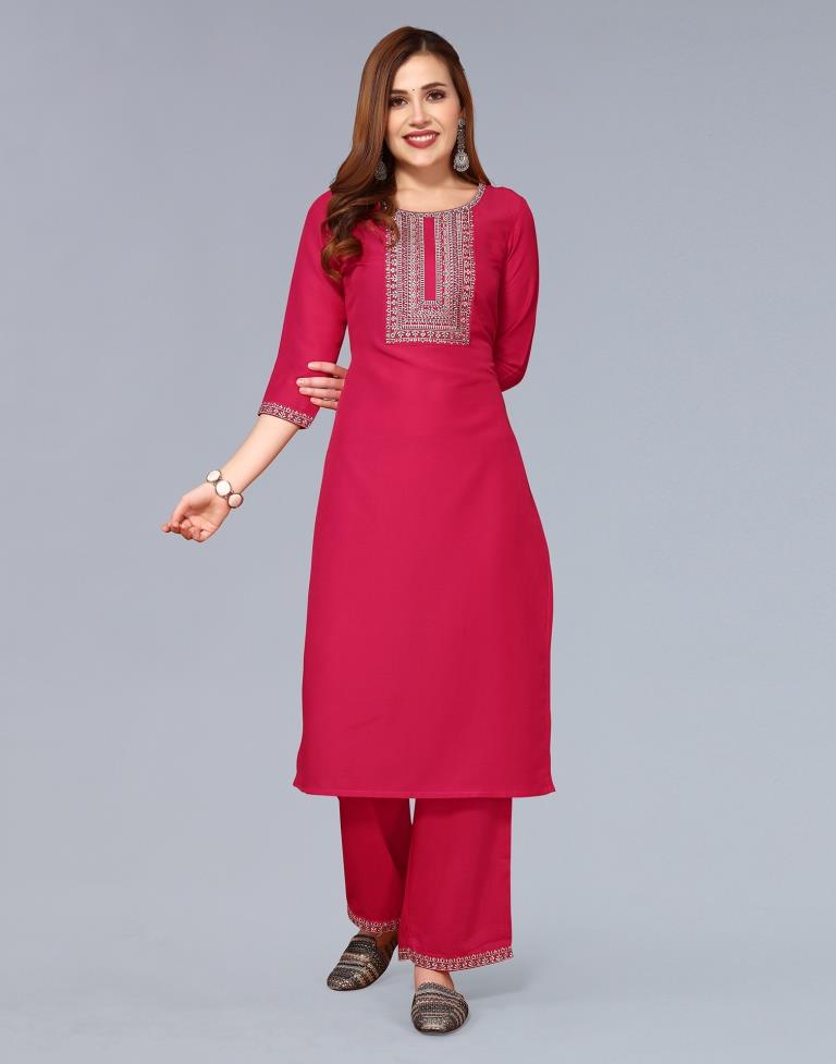 Pink Embroidery Chinnon Straight Kurta With Pant And Dupatta