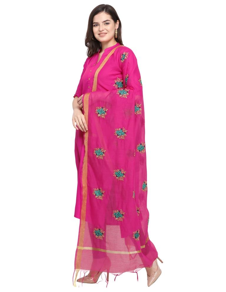 Sensuous Pink Coloured Cotton Silk Thread Embroidered Dupatta | Sudathi